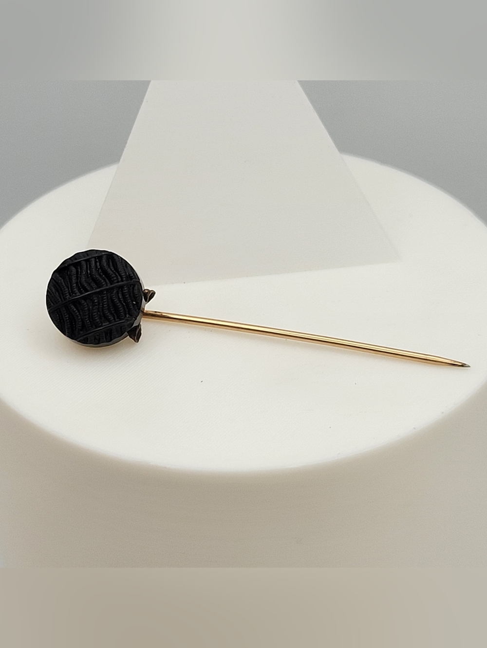 Victorian Mourning Stickpin Carved Jet Fern Motif Hat Pin Antique 1870s Whitby